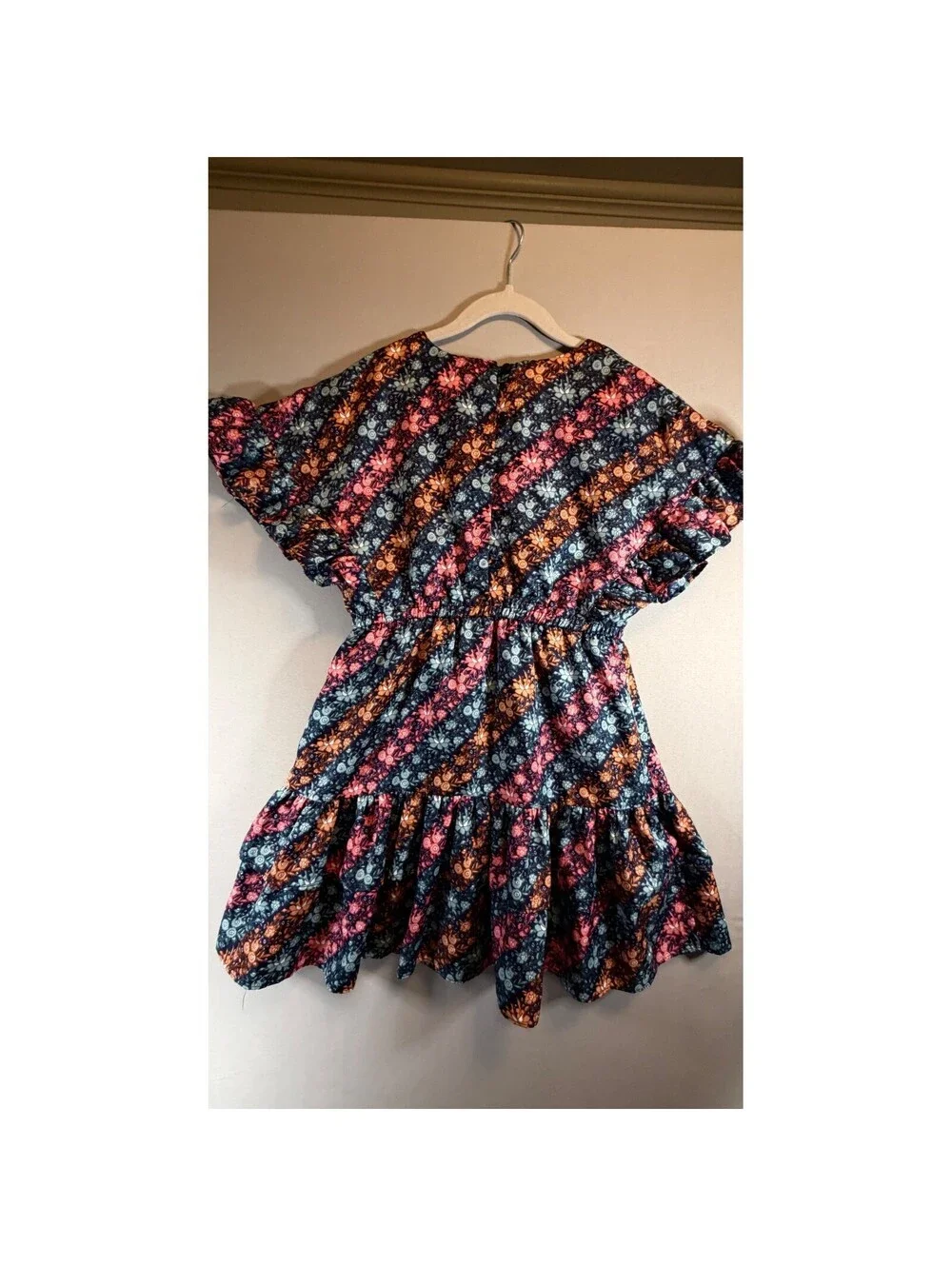 Janie and Jack Girls Floral Stripe Flutter Sleeve Ruffle Dress Navy Blue Size 10